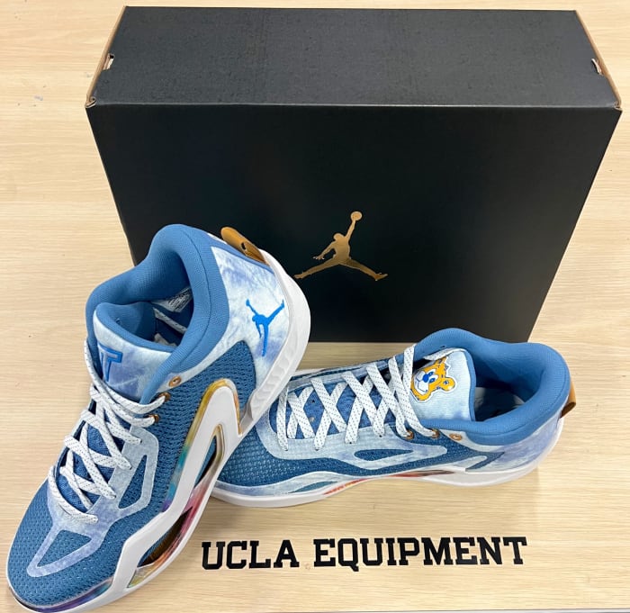 Side view of Jayson Tatum's Jordan Brand shoes in UCLA colors.